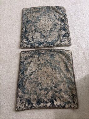 Two Pottery Barn 24x24” Blue and Taupe Couch Pillow Covers